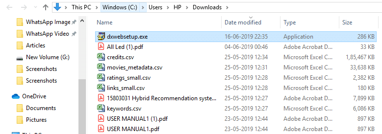 dxwebsetup.exeファイルのダウンロードが完了したら、フォルダー内のファイルを開きます