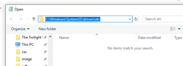hostsファイルを開くには、C： Windows  system32  driversetcにアクセスします。