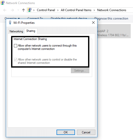 Перейдіть на вкладку «Спільний доступ» і зніміть позначки з обох параметрів | Виправте, що мобільна точка доступу не працює в Windows 10