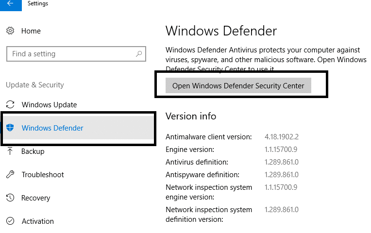אויף די לינקס טאַפליע איר דאַרפֿן צו גיט אויף Windows Defender