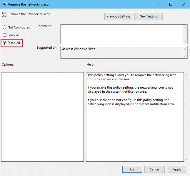Desativar Remova o ícone de rede | Corrigir o ícone WiFi ausente da barra de tarefas no Windows 10