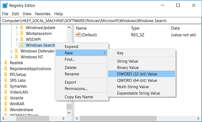 Clique com o botão direito do mouse na Pesquisa do Windows e selecione Novo e Valor DWORD (32 bits)