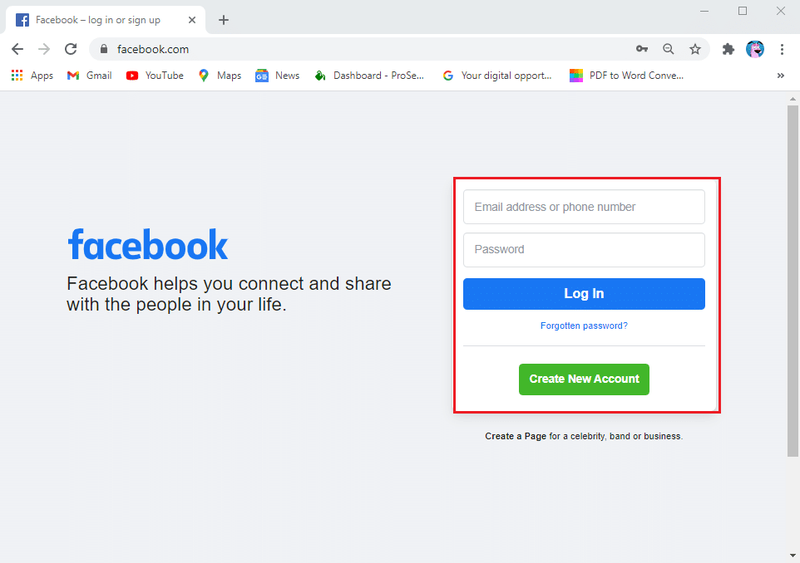 faça login na sua conta do Facebook usando seu nome de usuário e senha. | Como recuperar fotos excluídas do Facebook Messenger