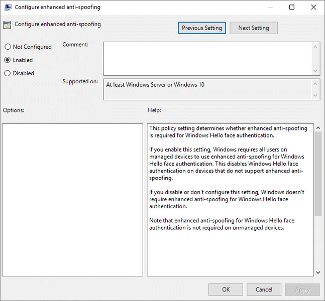 فعال کردن Enhanced Anti-Spoofing برای Windows Hello Face Authentication در ویرایشگر خط مشی گروه