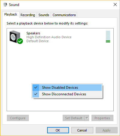 Right-click thiab xaiv Show Disabled Devices hauv Playback