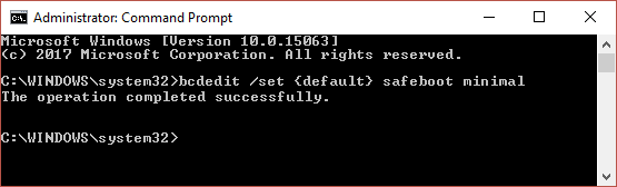 bcdeditは、セーフモードでPCを起動するために、cmdで{default}safebootminimalを設定します