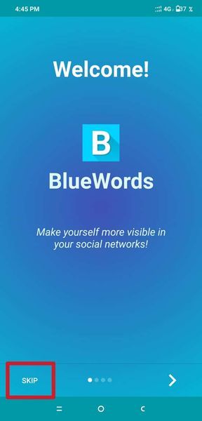 「BlueWords」アプリをランチして、スキップオプションをタップします。