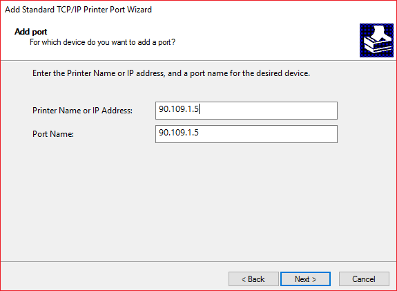 Сега въведете IP адреса и името на порта на принтерите, след което щракнете върху Напред