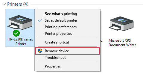 Щракнете с десния бутон върху вашия принтер и изберете Премахване на устройството