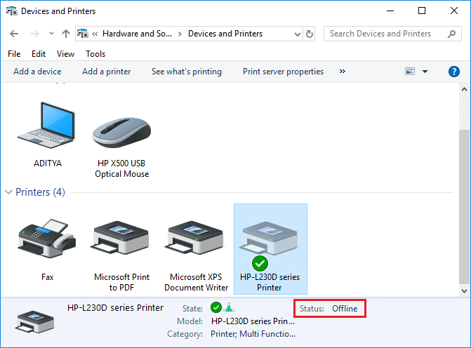 Поправете състоянието на принтера офлайн в Windows 10