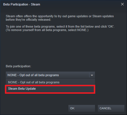 次に、ドロップダウンメニューをクリックして、SteamBetaUpdateオプションを選択します。