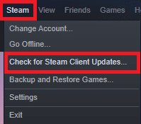 次に、Steamをクリックしてから、Steamクライアントの更新を確認します。アップロードに失敗したSteam画像を修正する方法