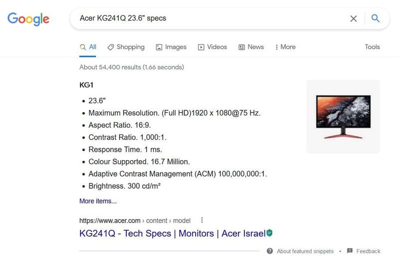 GoogleでAcerKG241Q23.6の仕様を検索| Windows10でモニターモデルを確認する方法