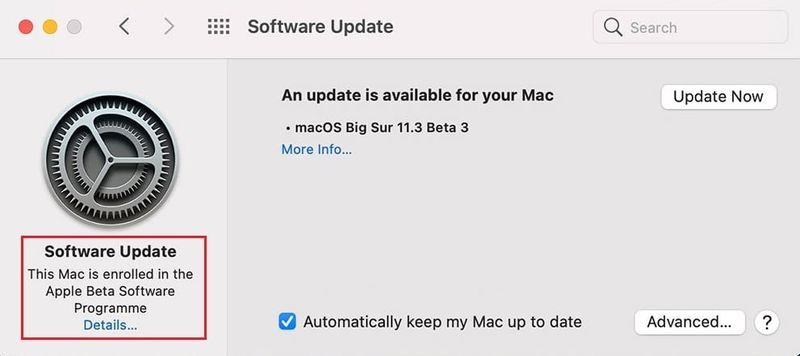 Нажмите на опцию «Подробности», расположенную в разделе «Этот Mac зарегистрирован в программе бета-тестирования Apple».
