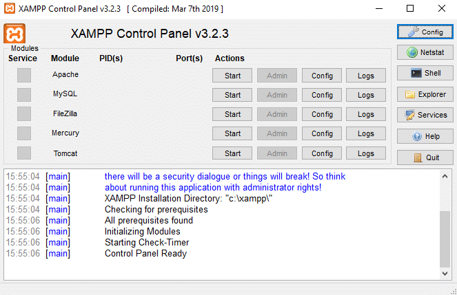 Het XAMPP-configuratiescherm zal uw programma starten en testen en kan beginnen met de configuratie van de webserveromgeving.