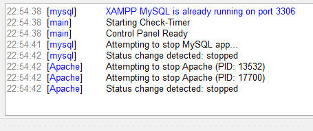 Onderaan het XAMPP-configuratiescherm kunt u zien wat de activiteiten zijn met XAMPP