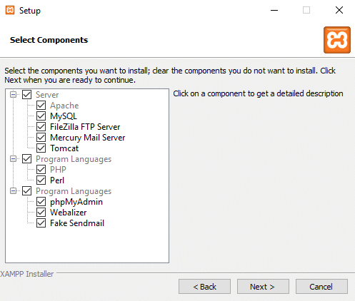 Vink de vakjes aan bij de componenten (MySQL, Apache, etc.) die u wilt installeren. Laat de standaardoptie staan ​​en klik op de knop Volgende