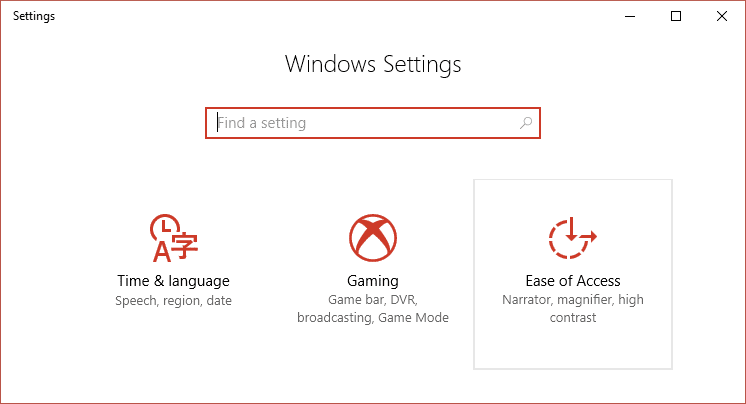 Selecione Facilidade de Acesso nas Configurações do Windows