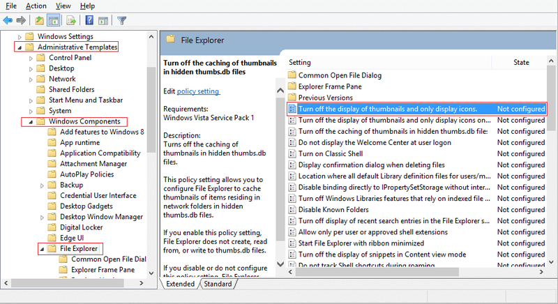 Onder File Explorer vind Skakel die vertoning van duimnaels af en vertoon slegs ikone