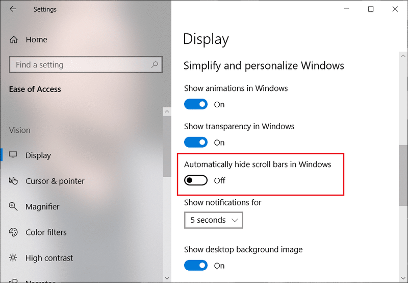 [Windows]オプションの[スクロールバーを自動的に非表示にする]の下のボタンをオフに切り替えます