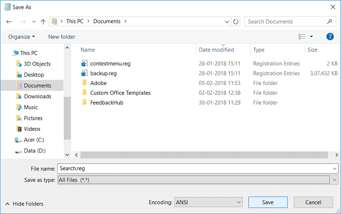 Assegna un nome al file search.reg, quindi seleziona Tutti i file e fai clic su Salva | Modifica la visualizzazione della cartella predefinita dei risultati della ricerca su Windows 10