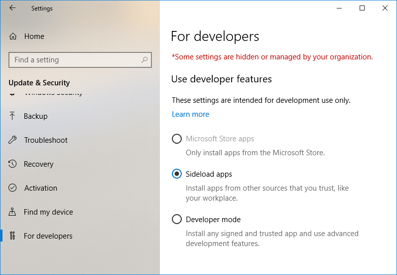 Schakel de ontwikkelaarsmodus in of uit in Windows 10