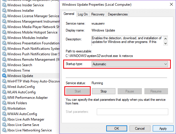 kliknij prawym przyciskiem myszy Windows Update i ustaw go na automatyczny, a następnie kliknij Start