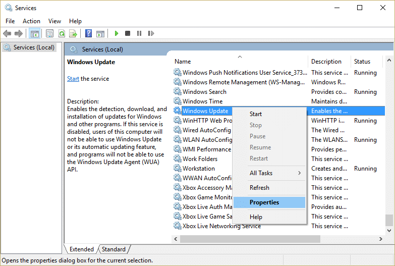 Clique com o botão direito do mouse no serviço Windows Update e selecione Propriedades na janela Serviço