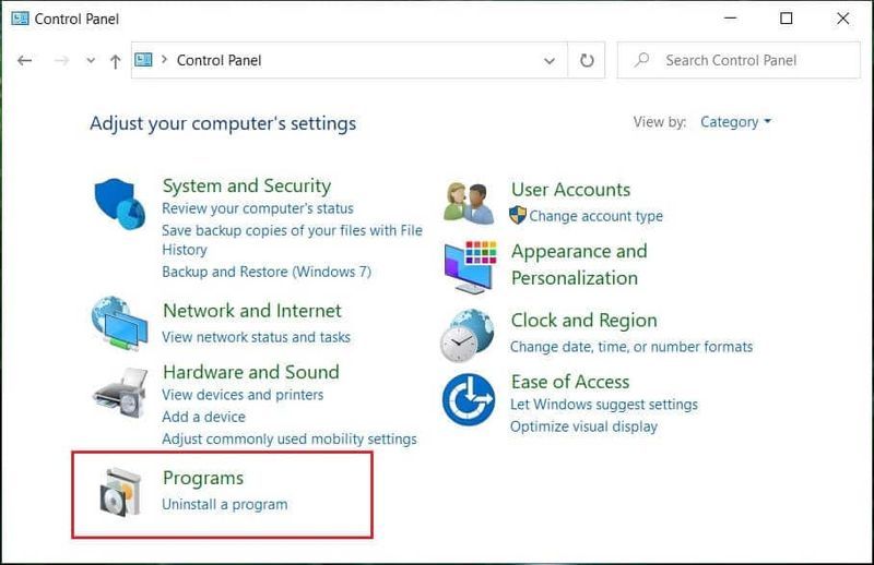 Dal Pannello di controllo fare clic su Disinstalla un programma. | Come rimuovere OneDrive da Esplora file di Windows 10