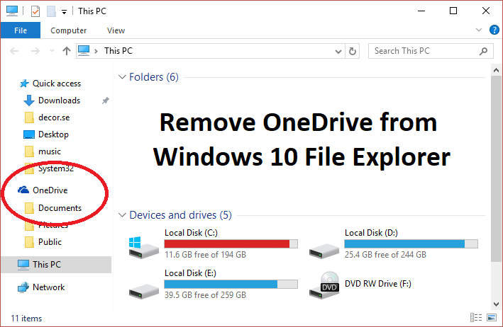 Eliminate OneDrive da Windows 10 File Explorer