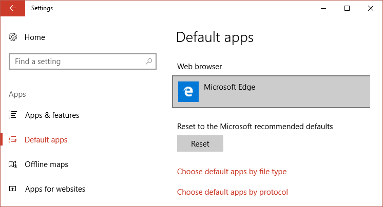 Selecione Aplicativos padrão e, no navegador da Web, clique em Microsoft Edge