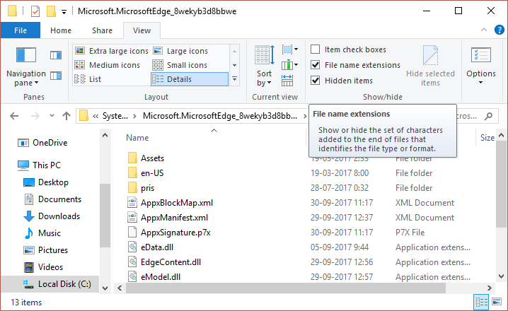 Na pasta Microsoft Edge, clique em Exibir e marque Extensões de nome de arquivo | Como desinstalar o Microsoft Edge no Windows 10