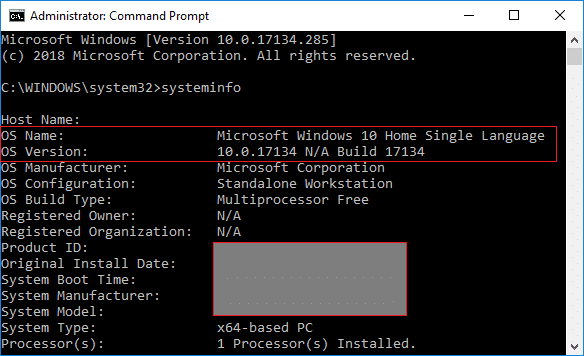 Πληκτρολογήστε systeminfo σε cmd για να λάβετε την Έκδοση των Windows 10 σας