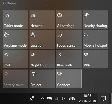 Clique no botão de ação rápida Conectar | Conecte-se a um monitor sem fio com Miracast no Windows 10
