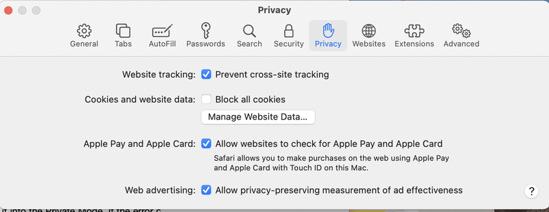 [プライバシー]をクリックしてから、[Webサイトデータの管理]ボタンをクリックします。この接続はプライベートではないので修正
