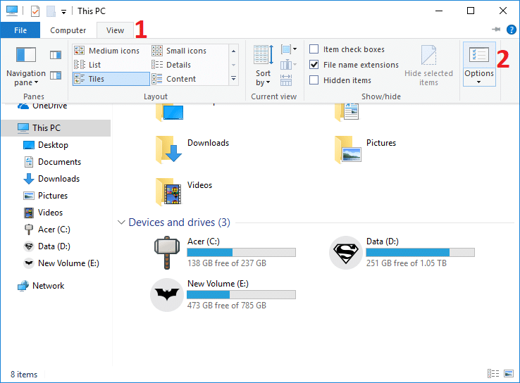 Abrir opções de pasta na faixa de opções do File Explorer