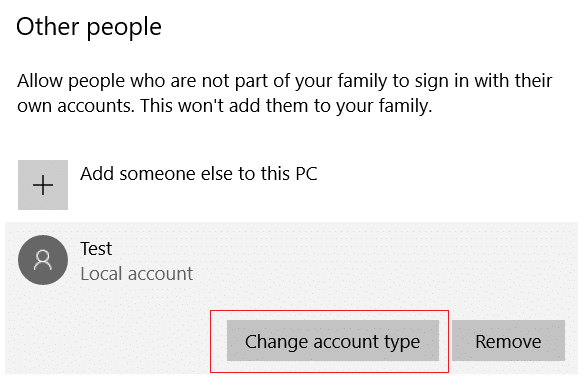 In Altre persone scegli l'account che hai appena creato e quindi seleziona Cambia tipo di account