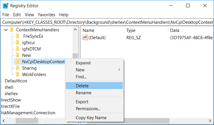 fare clic con il pulsante destro del mouse su NvCplDesktopContext e selezionare Elimina