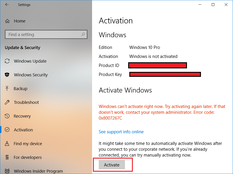 Agora clique em Ativar em Ativar Windows | Corrigir Esta cópia do Windows não é um erro genuíno
