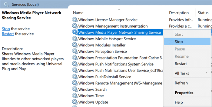 Щелкните правой кнопкой мыши службу общего доступа к сети Windows Media и выберите «Остановить».