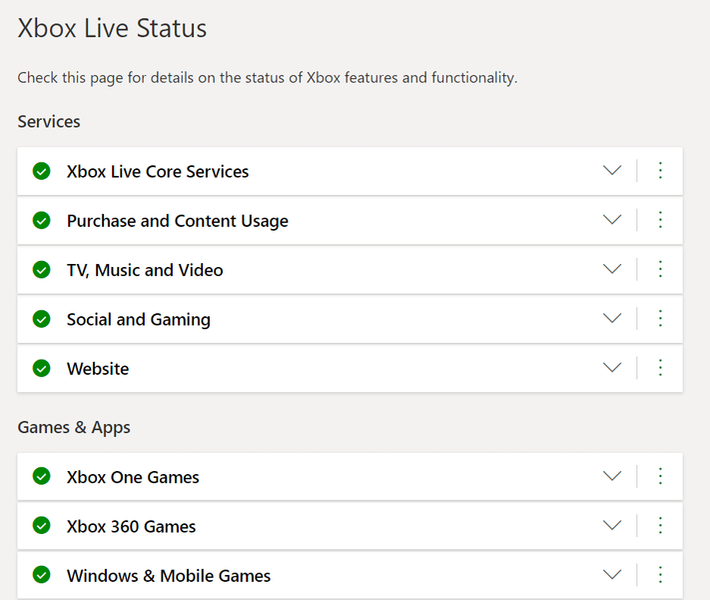 Página de status do Xbox Live