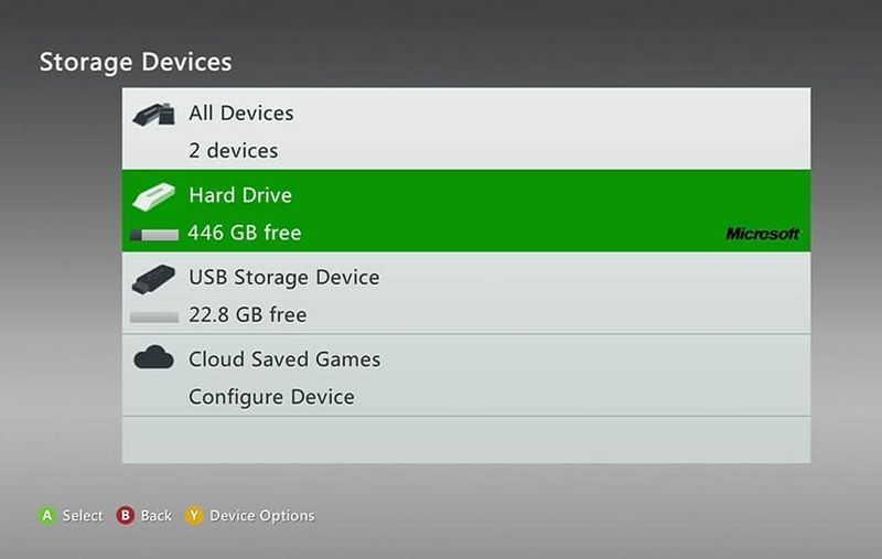 Odaberite Storage na Xbox 360