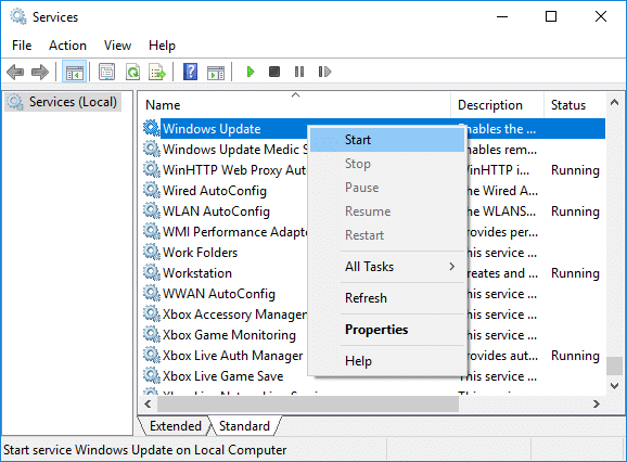Clique com o botão direito do mouse no serviço Windows Update e selecione Iniciar