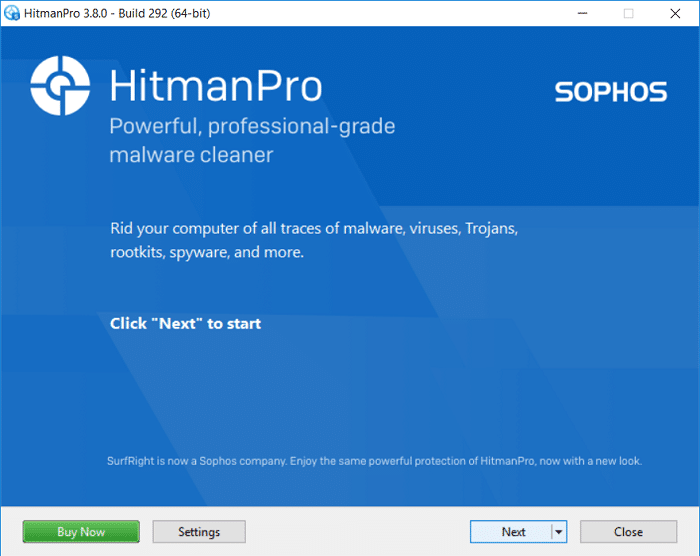 HitmanProが開き、[次へ]をクリックして悪意のあるソフトウェアをスキャンします| Webブラウザからアドウェアとポップアップ広告を削除する