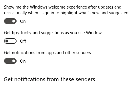 U bloku „Obaveštenja“ poništite izbor opcije „Primajte savete, trikove i predloge dok koristite Windows“.