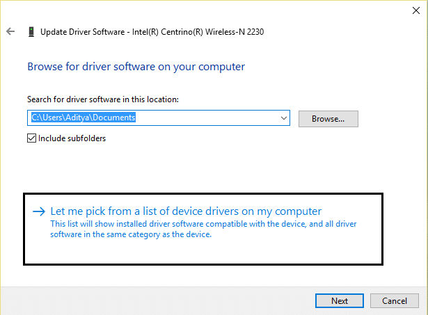 Fammi scegliere da un elenco di driver di dispositivo sul mio computer