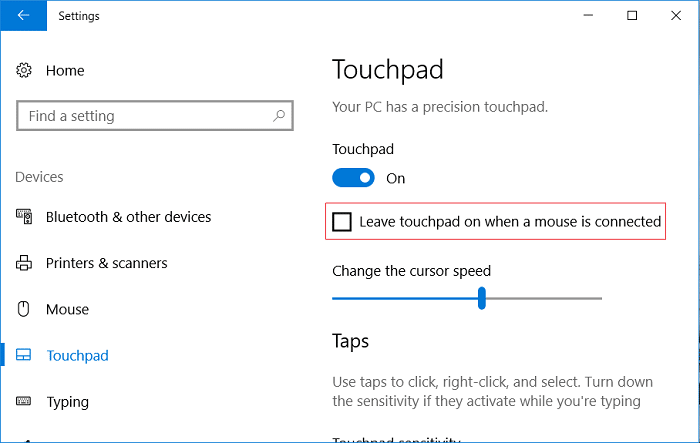 Desmarque Deixar o touch pad ligado quando um mouse estiver conectado