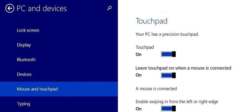 Desative ou desative a alternância para Deixar o touchpad ligado quando um mouse estiver conectado
