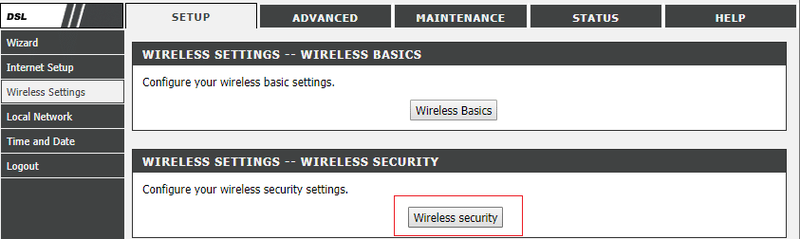 Mus rau Wireless Security lossis Settings tab