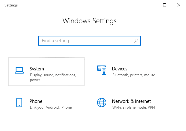 Nias Windows Key + I kom qhib Chaw ces nyem rau System | Txhim Kho Tsis Muaj Kev Sib Txuas Hauv Is Taws Nem tom qab hloov kho rau Windows 10 Creators Update